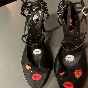 Nina Black Satin Strappy Heels with Red and White Lip Motif
